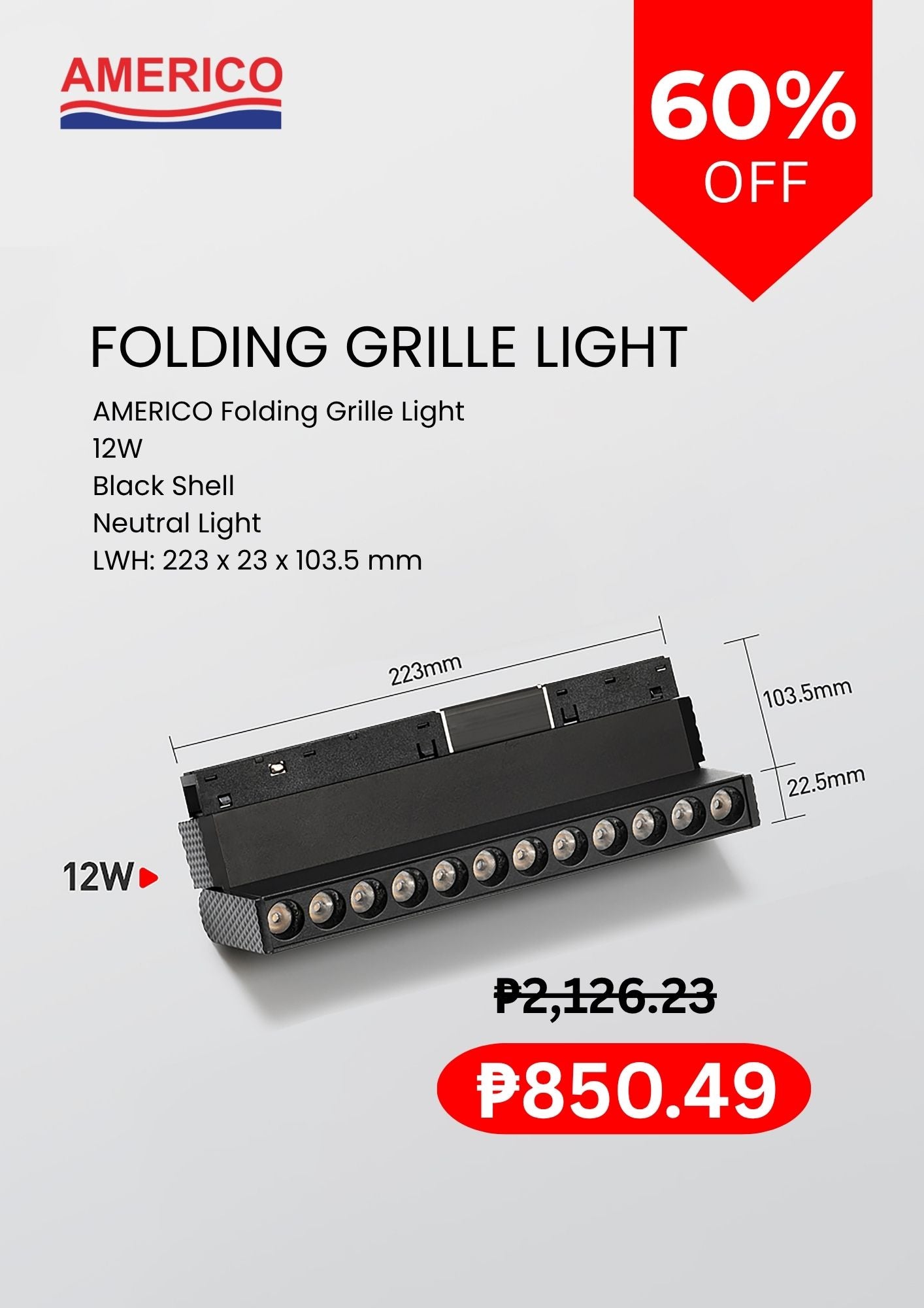 AMERICO | Magnetic Folding Grille Light | Neutral White LED | Black