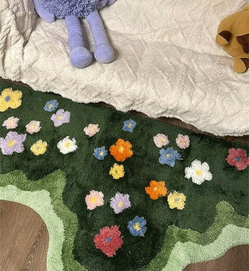 Wavy Shape Green 3D Flower Tufted Rug Soft Carpet