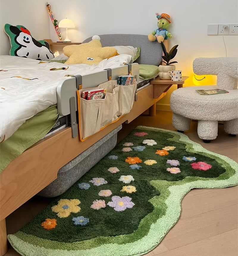 Wavy Shape Green 3D Flower Tufted Rug Soft Carpet