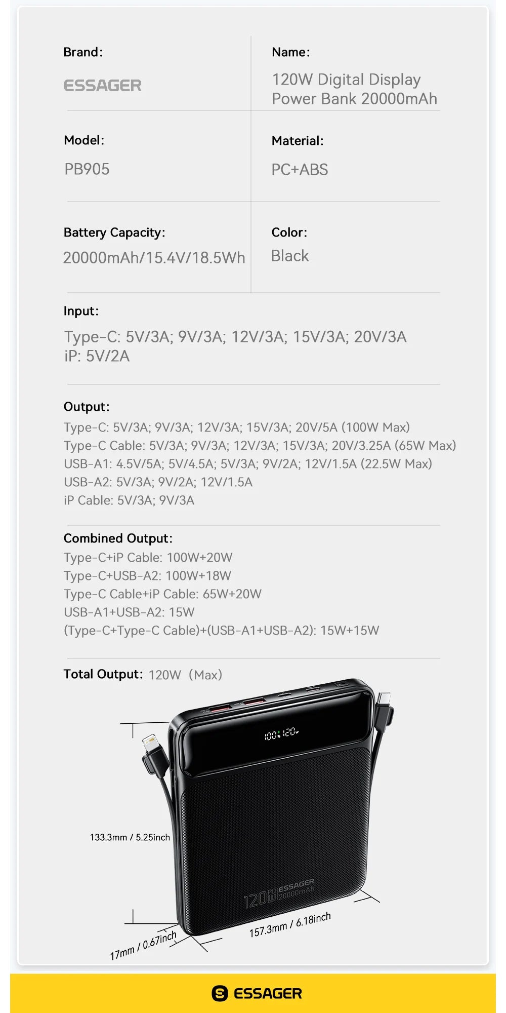 120W 20000mAh Power Bank with Two Built-in Cables
