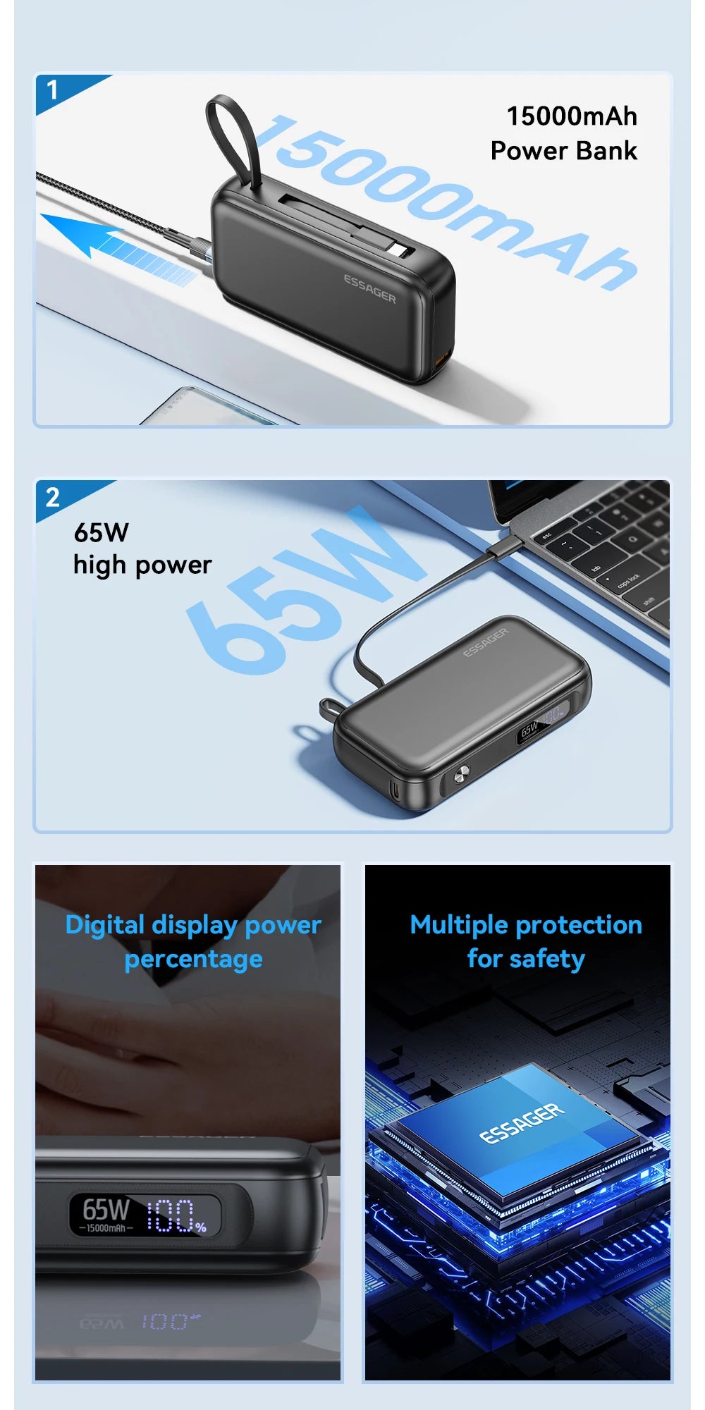 Power Bank Portable 15000mAh in With USB TypeC Cable