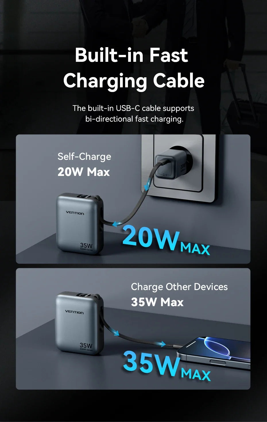 Power Bank 10000mAh 35W PD Fast Charger with Type C Cable
