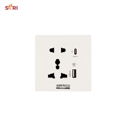 Americo Universal Wall Socket with USB and Type C port - Small Plate Five Holes USBA+USBC 18W