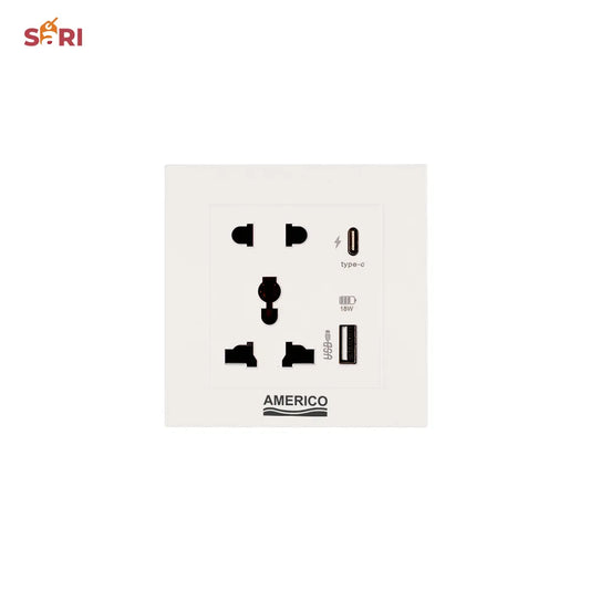 Americo Universal Wall Socket with USB and Type C port - Small Plate Five Holes USBA+USBC 18W