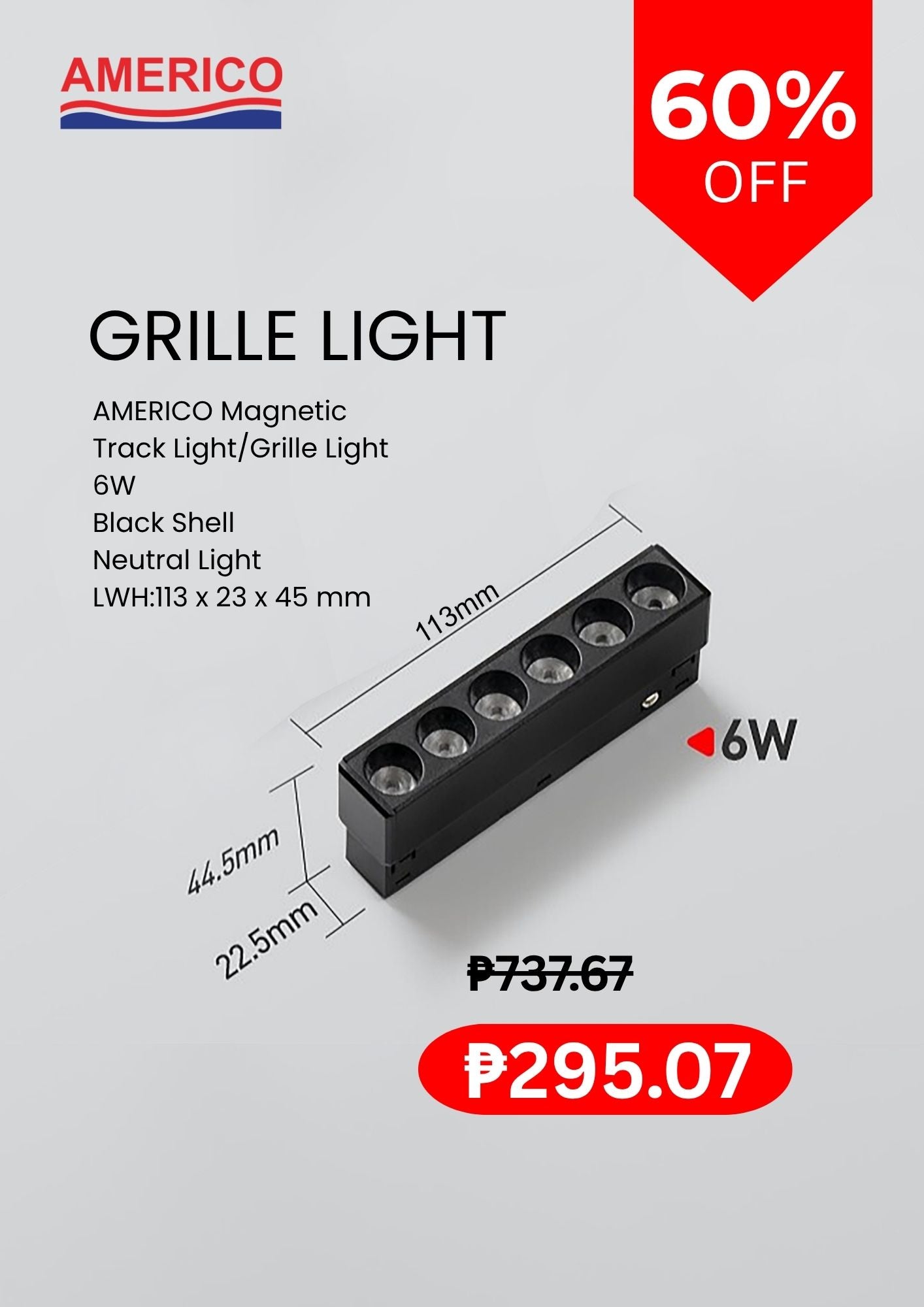 AMERICO | Magnetic Grille Light | Neutral White LED | Black