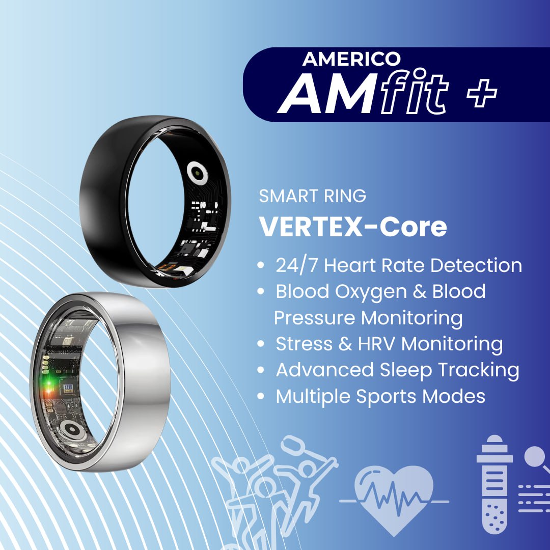 AMERICO AMFit+ | Vertex Core Smart Ring Waterproof Health & Fitness Tracker | Strava & Apple Health Sync | iOS & Android Compatible
