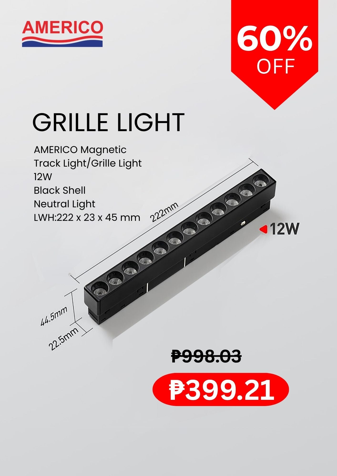 AMERICO | Magnetic Grille Light | Neutral White LED | Black