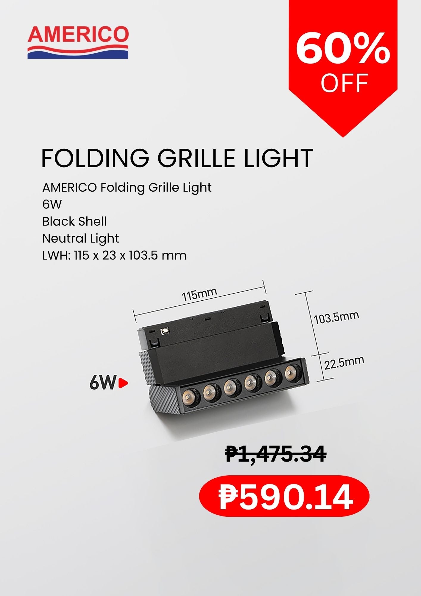 AMERICO | Magnetic Folding Grille Light | Neutral White LED | Black