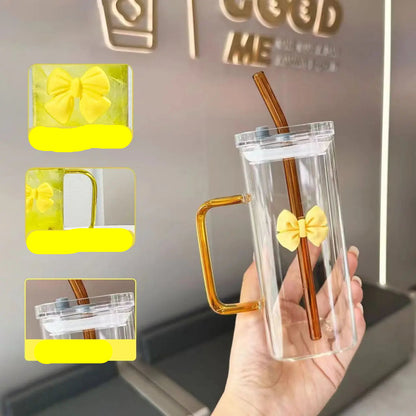 Korean Style Glass Mug Bow with Straw Lid