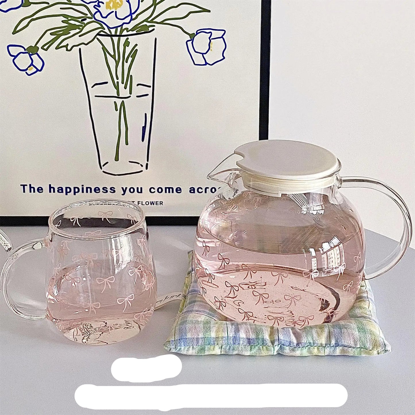 Pink Bow Patter Teapot Water Glass Cup