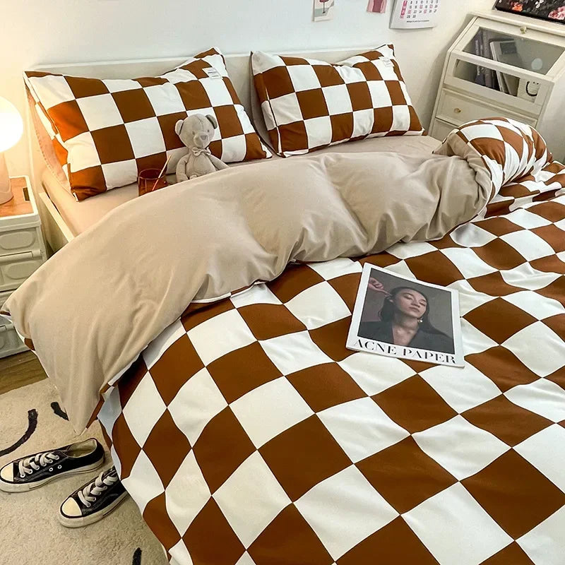 Grid Double-sided Cotton Quilt Bedding Set Four Piece Set