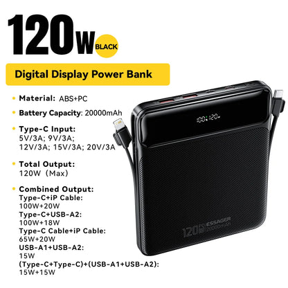 120W 20000mAh Power Bank with Two Built-in Cables