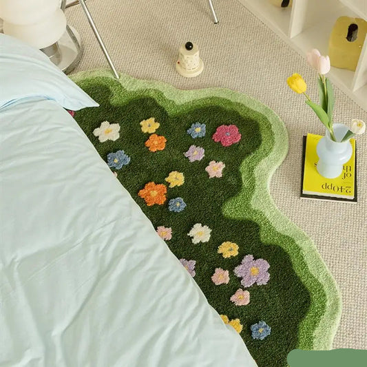 Wavy Shape Green 3D Flower Tufted Rug Soft Carpet
