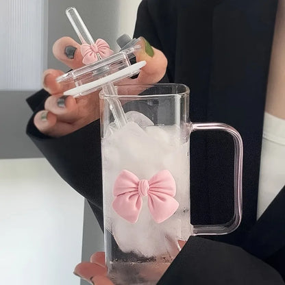 Korean Style Glass Mug Bow with Straw Lid