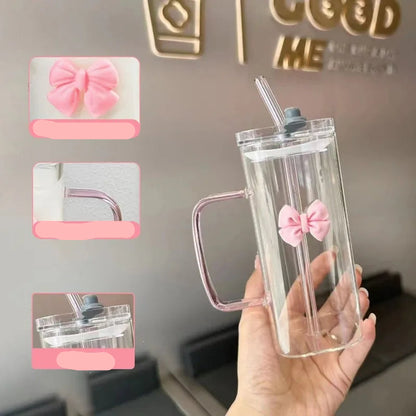 Korean Style Glass Mug Bow with Straw Lid