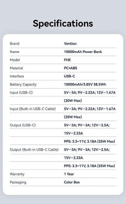 Power Bank 10000mAh 35W PD Fast Charger with Type C Cable