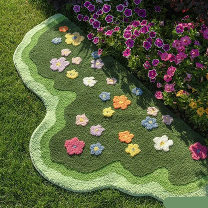 Wavy Shape Green 3D Flower Tufted Rug Soft Carpet