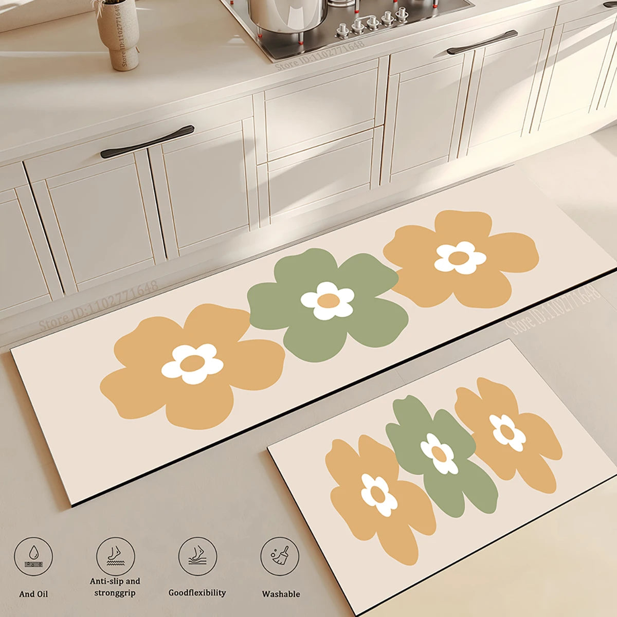 Flower Kitchen Mat Anti-Fatigue Non-Slip Floor Carpet