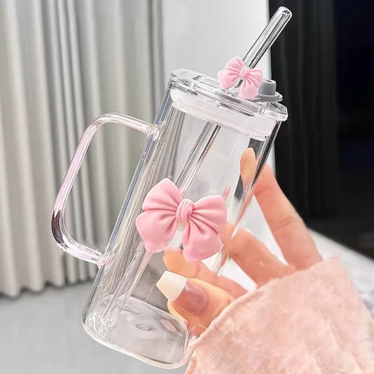 Korean Style Glass Mug Bow with Straw Lid