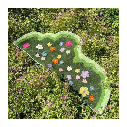 Wavy Shape Green 3D Flower Tufted Rug Soft Carpet