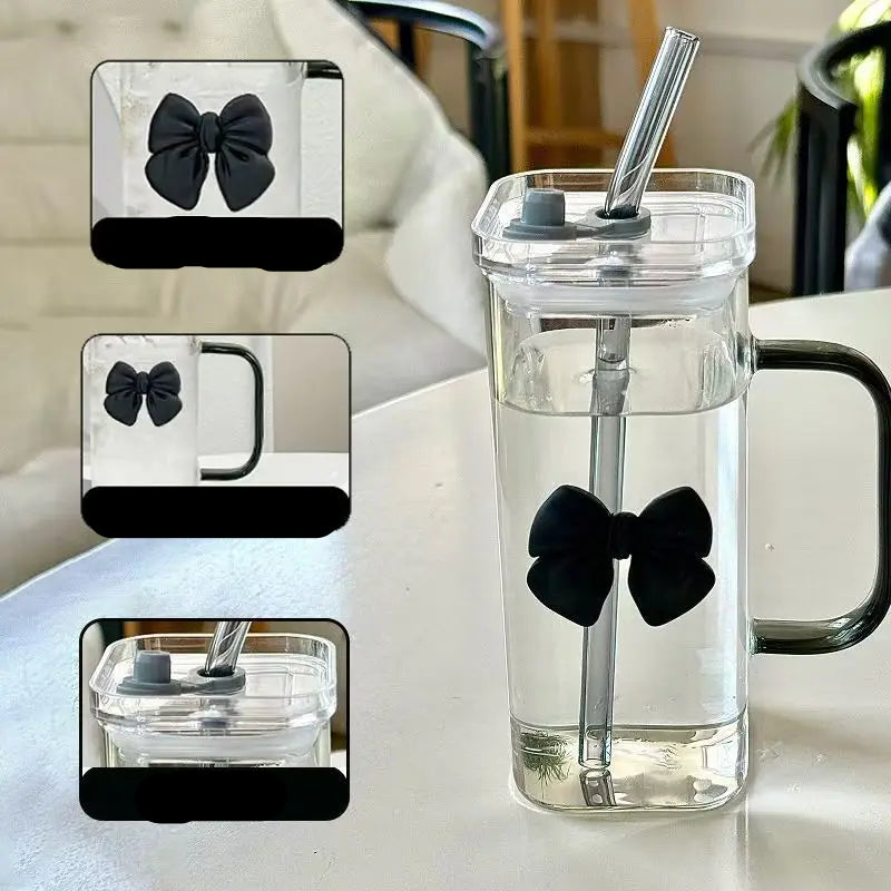 Korean Style Glass Mug Bow with Straw Lid