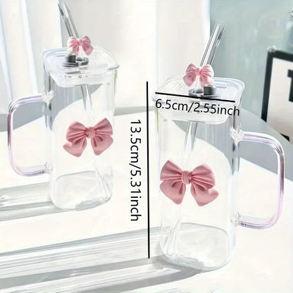 Korean Style Glass Mug Bow with Straw Lid