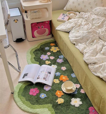 Wavy Shape Green 3D Flower Tufted Rug Soft Carpet