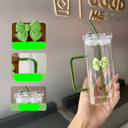 Korean Style Glass Mug Bow with Straw Lid