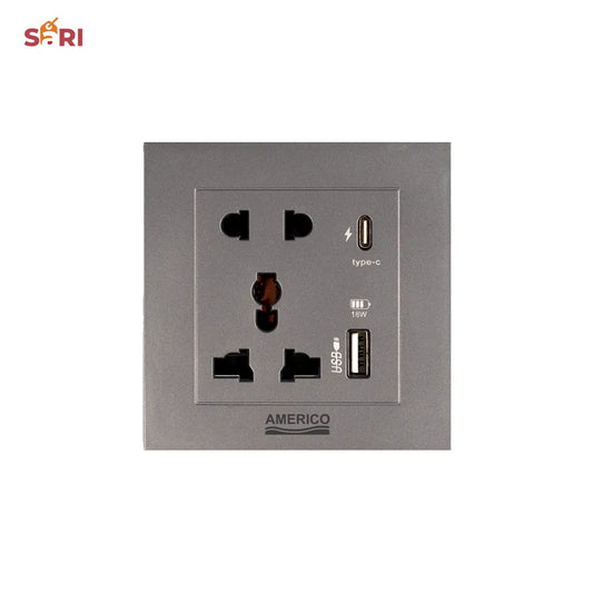 Americo Universal Wall Socket with USB and Type C port - Small Plate Five Holes USBA+USBC 18W